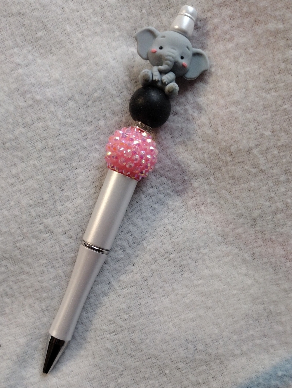 Silver Elephant Top Pink Beaded Ball Pen - Unbranded